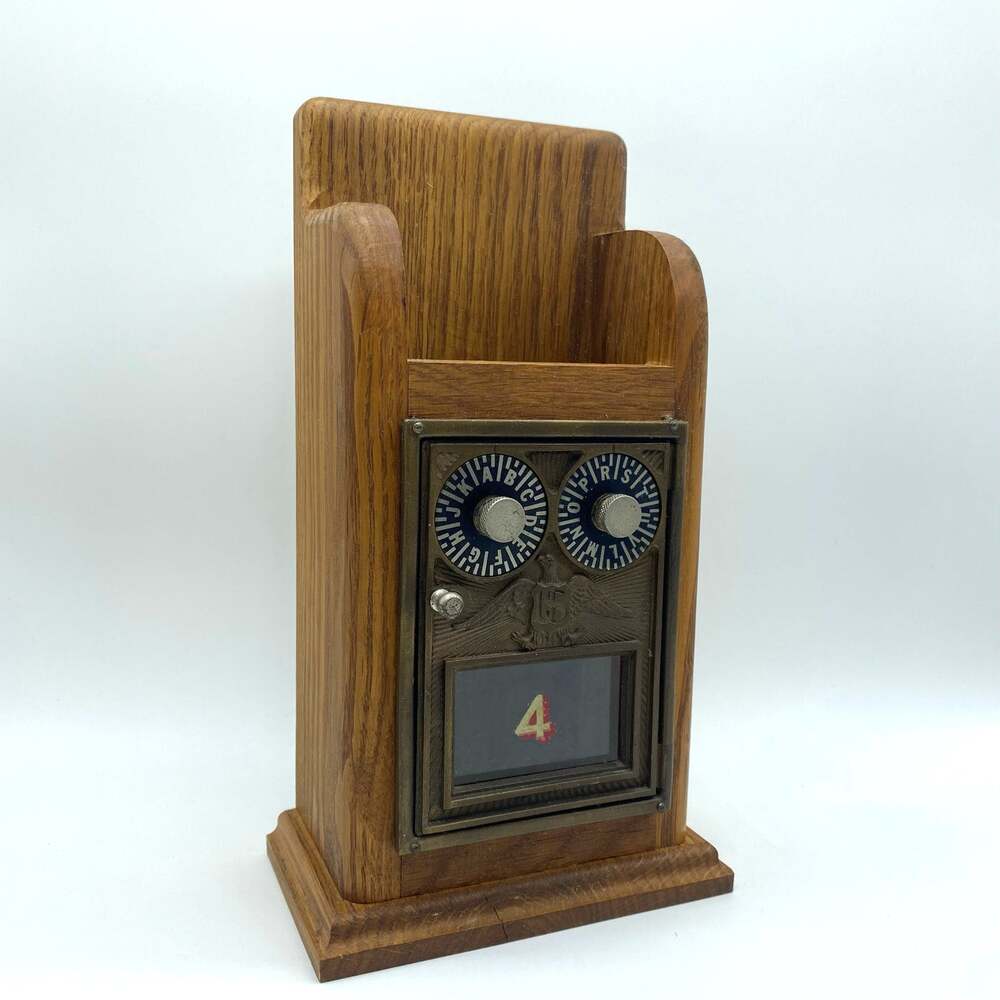 Antique Post Office Door Mail Box Holder Container Corbin Double Dial Wooden